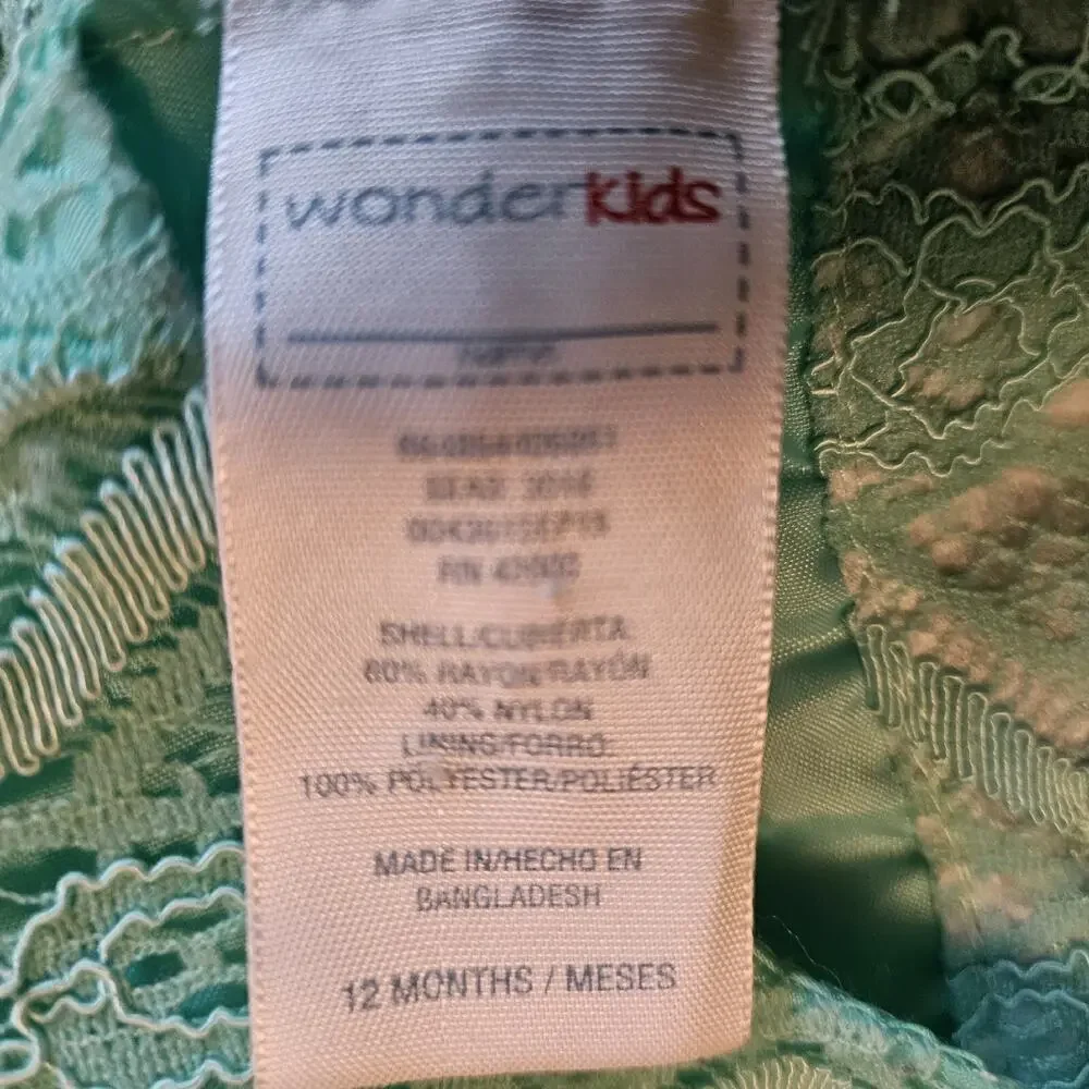 Wonder Kids Green Lace Dress 12 Mth Fully Lined Excellent Condition